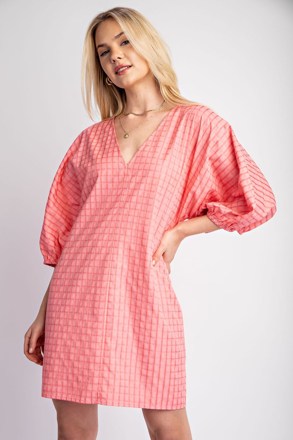 Coral Checkered V-Neck Mini Dress with Puff Sleeve
