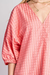 Coral Checkered V-Neck Mini Dress with Puff Sleeve