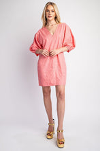 Coral Checkered V-Neck Mini Dress with Puff Sleeve