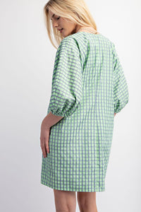 Apple Green Checkered V-Neck Mini Dress with Puff Sleeve