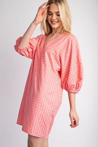 Coral Checkered V-Neck Mini Dress with Puff Sleeve