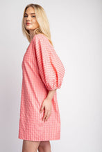 Coral Checkered V-Neck Mini Dress with Puff Sleeve