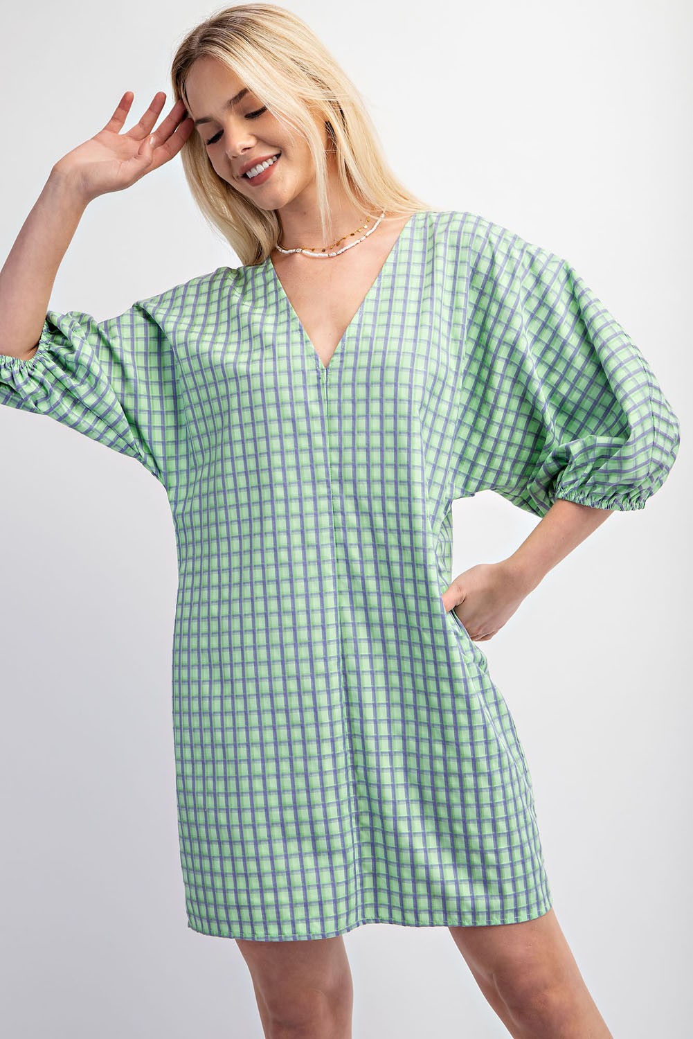 Apple Green Checkered V-Neck Mini Dress with Puff Sleeve Aquarius Brand Apple Green Checkered V-Neck Mini Dress with Puff Sleeve Aquarius Brand