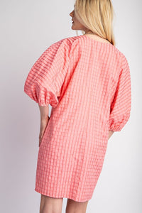 Coral Checkered V-Neck Mini Dress with Puff Sleeve