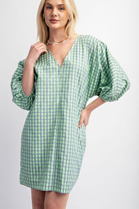 Apple Green Checkered V-Neck Mini Dress with Puff Sleeve