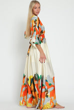 Cream/Tangerine Kimono Sleeve Tie Back Waisted Border Maxi Dress