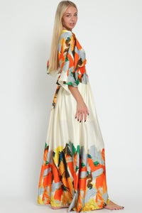 Cream/Tangerine Kimono Sleeve Tie Back Waisted Border Maxi Dress