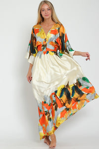 Cream/Tangerine Kimono Sleeve Tie Back Waisted Border Maxi Dress