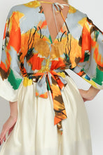 Cream/Tangerine Kimono Sleeve Tie Back Waisted Border Maxi Dress