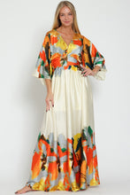 Cream/Tangerine Kimono Sleeve Tie Back Waisted Border Maxi Dress