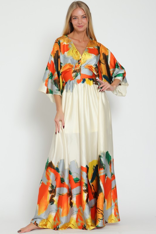 Cream/Tangerine Kimono Sleeve Tie Back Waisted Border Maxi Dress