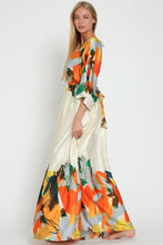 Cream/Tangerine Kimono Sleeve Tie Back Waisted Border Maxi Dress