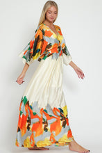 Cream/Tangerine Kimono Sleeve Tie Back Waisted Border Maxi Dress