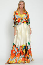 Cream/Tangerine Kimono Sleeve Tie Back Waisted Border Maxi Dress