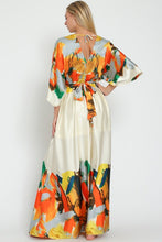 Cream/Tangerine Kimono Sleeve Tie Back Waisted Border Maxi Dress