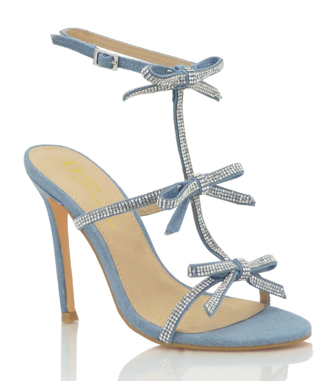 Denim Womens Rhinestone Bow Strappy Heeled Sandals