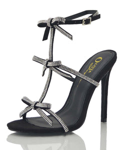 Black Womens Rhinestone Bow Strappy Heeled Sandals