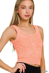 Coral Washed Ribbed Cropped Scoop Neck Tank Top