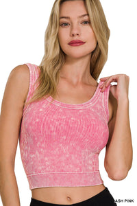 Ash Pink Washed Ribbed Cropped Scoop Neck Tank Top