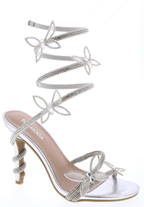 Silver Womens Wrap Strappy Butterfly Heeled Sandals