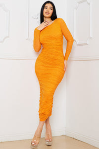 Orange Rhinestone On Mesh Pleated Long Dress
