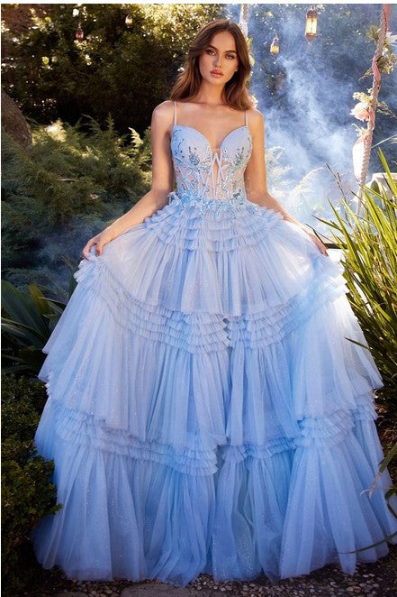 Blue Layered Tulle Ball Gown