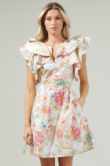 Off-White-Multi Day Lily Floral Ruffle Mini Dress