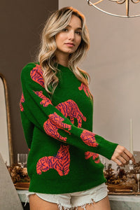 Jade/Orange Tiger Pattern Round Neck Sweater