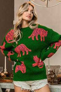 Jade/Orange Tiger Pattern Round Neck Sweater