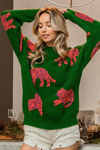 Jade/Orange Tiger Pattern Round Neck Sweater