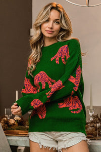 Jade/Orange Tiger Pattern Round Neck Sweater