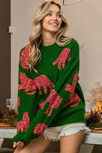 Jade/Orange Tiger Pattern Round Neck Sweater