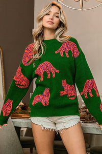 Jade/Orange Tiger Pattern Round Neck Sweater