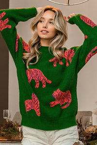 Jade/Orange Tiger Pattern Round Neck Sweater