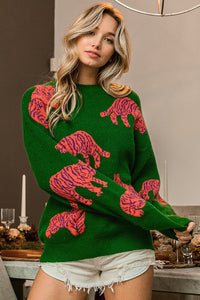 Jade/Orange Tiger Pattern Round Neck Sweater