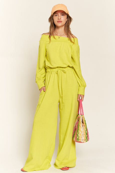 Lime One Shoulder Terry Jumpsuit