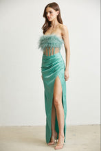 Green Feather Trim Corset Satin Dress