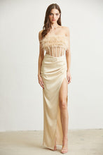 Champagne Feather Trim Corset Satin Dress