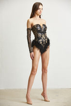 Black Feather Trim Sequin Bodysuit