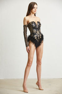 Black Feather Trim Sequin Bodysuit