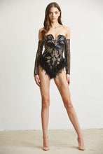 Black Feather Trim Sequin Bodysuit