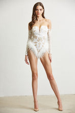 White Feather Trim Sequin Bodysuit