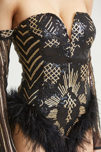 Black Feather Trim Sequin Bodysuit