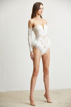 White Feather Trim Sequin Bodysuit
