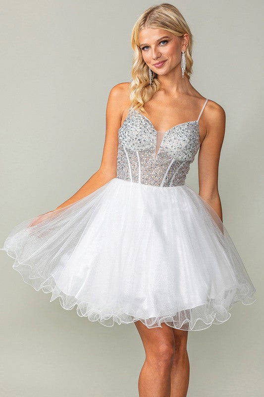 Off White Bustier Illusion Rhinestone Top A Line Short Dress