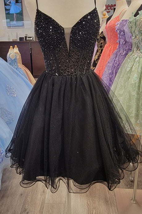 Black Bustier Illusion Rhinestone Top A Line Short Dress