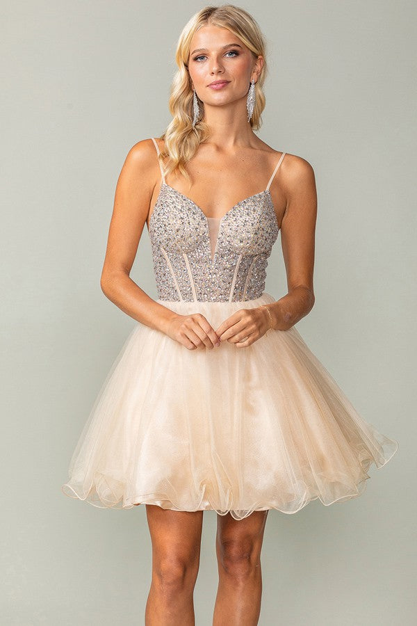 Champagne Bustier Illusion Rhinestone Top A Line Short Dress