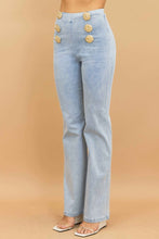 High Waist Washed Denim Pants With Button Detail