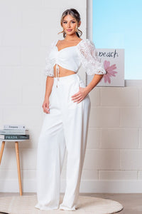 White Elbow Sleeve Top and Pants Set