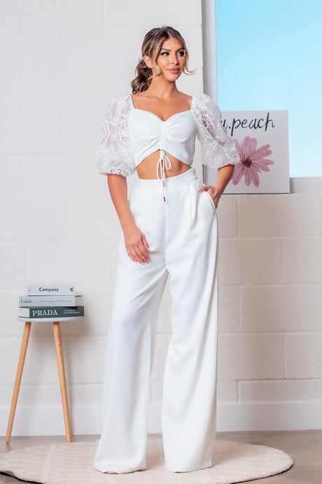 White Elbow Sleeve Top and Pants Set